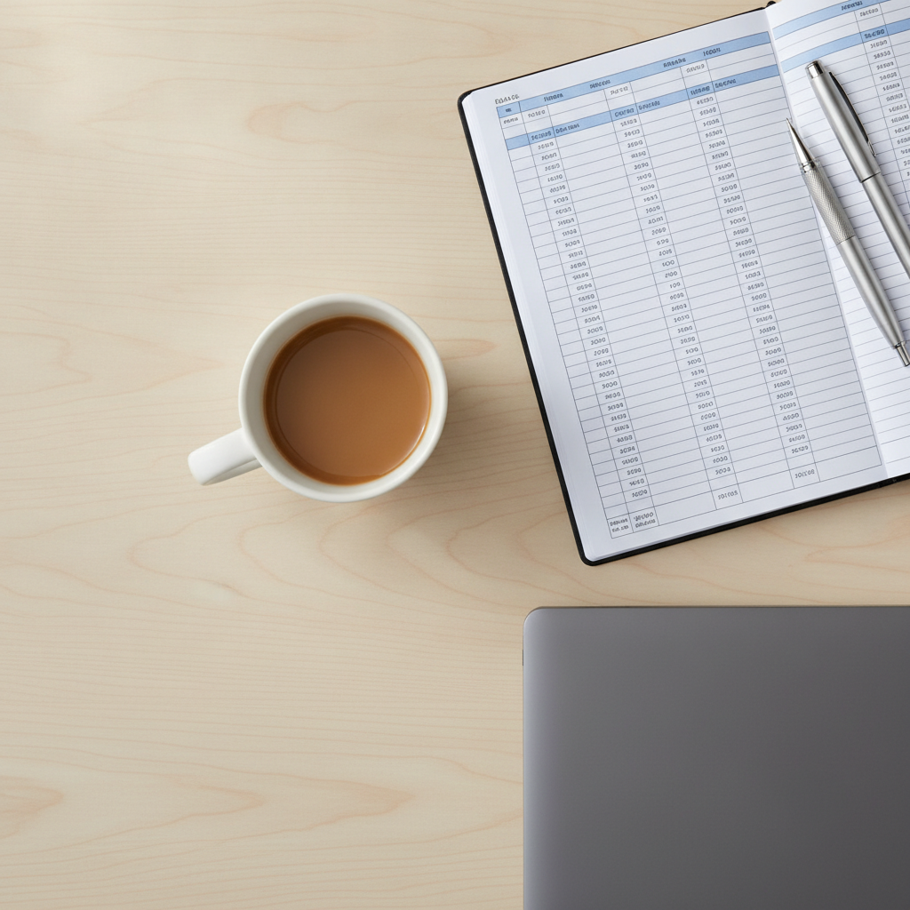 A structured personal financial planning ledger and notebook sitting beside a laptop on a clean wooden desk.