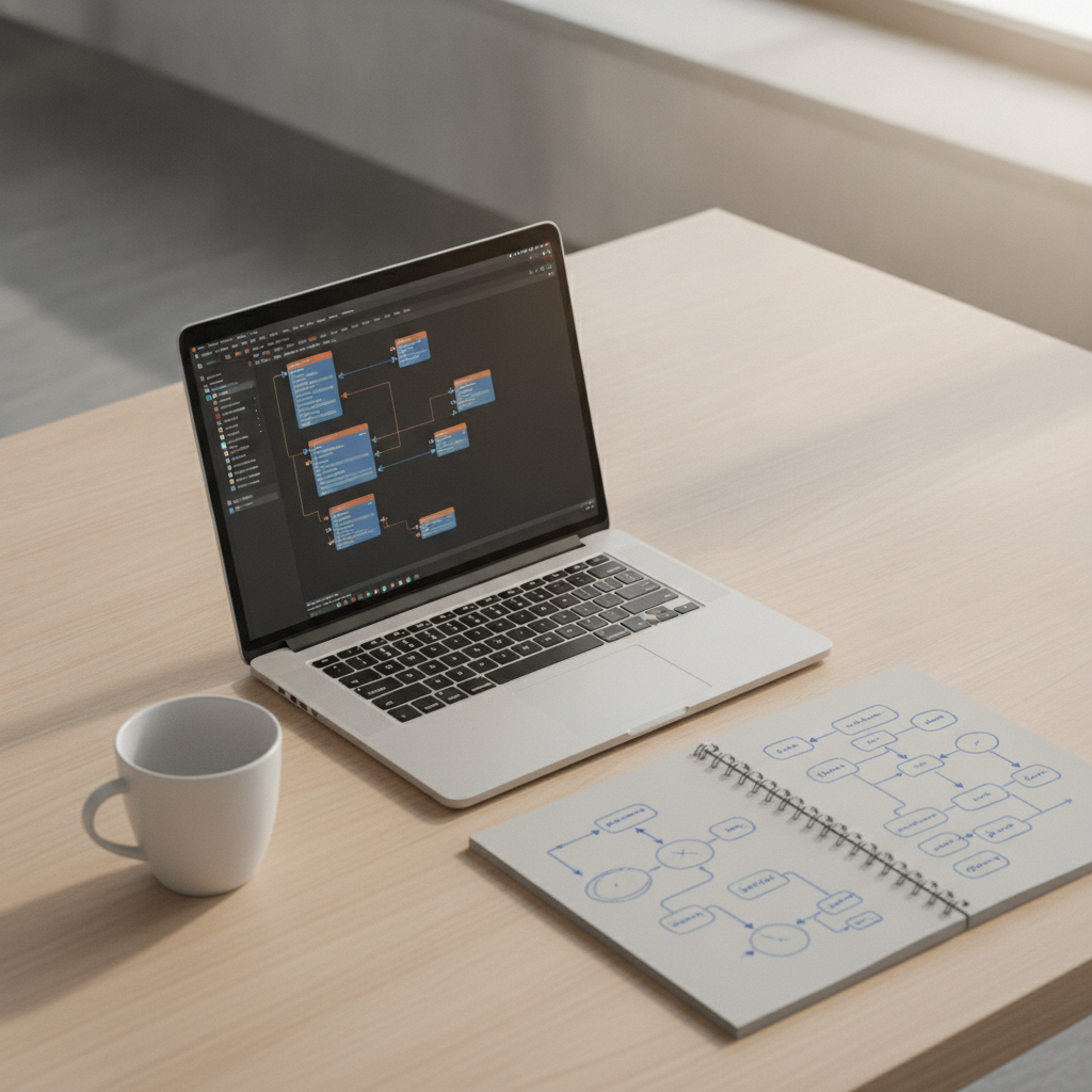A tidy desk featuring a laptop displaying a visual automation workflow and a notebook with process flowcharts.
