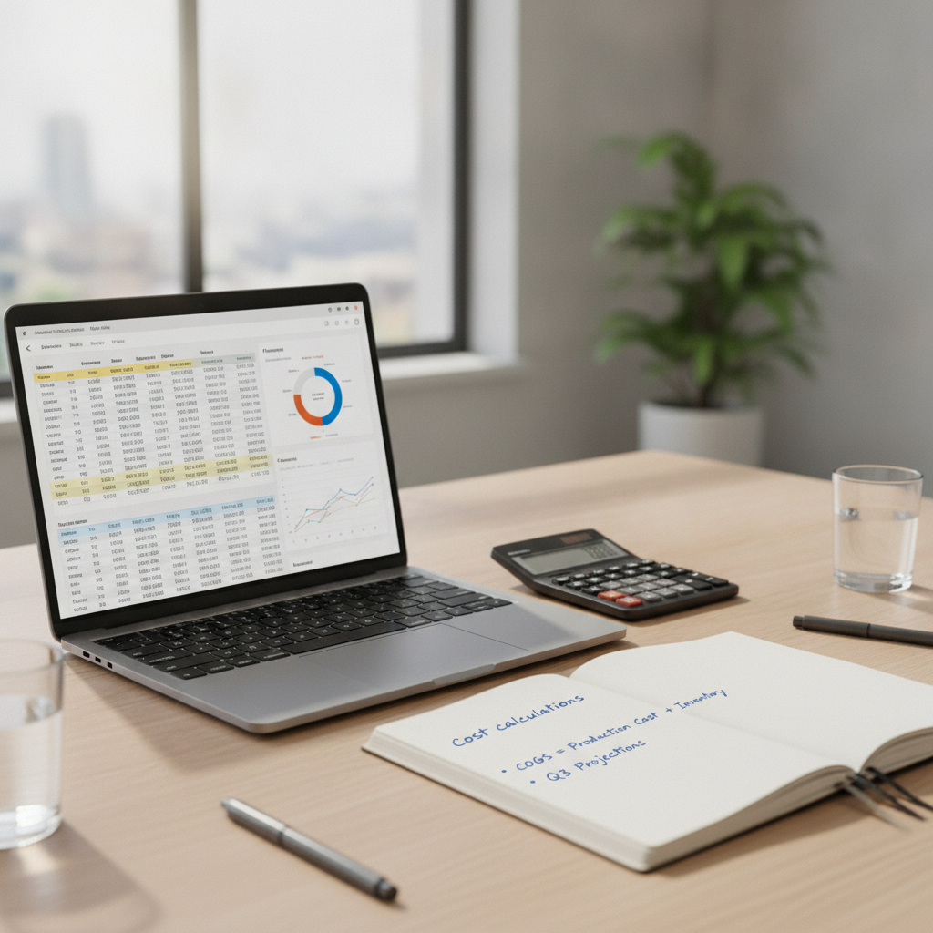 An analytical workspace with a laptop showing financial charts, a calculator, and notes illustrating an audit of software costs.