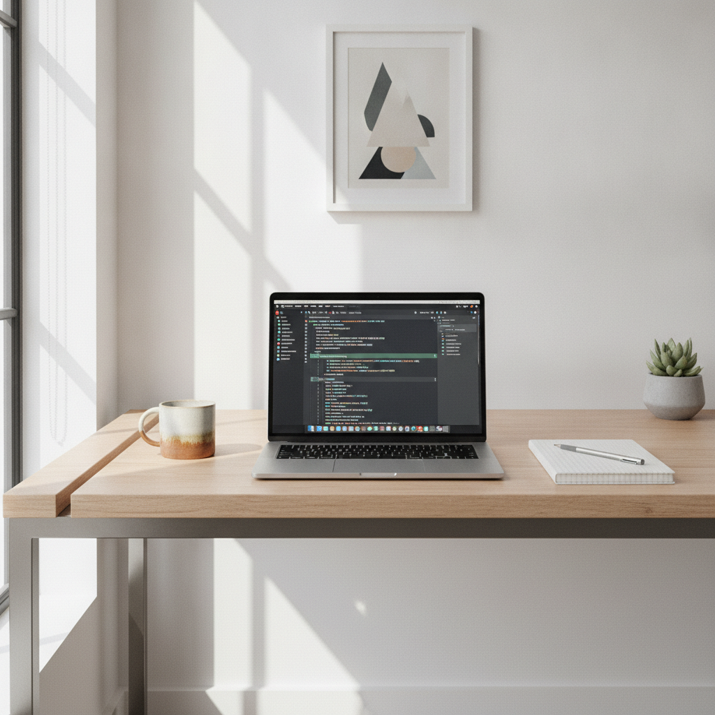 Modern workstation showing structured prompt templates and clean markdown files on a laptop screen.