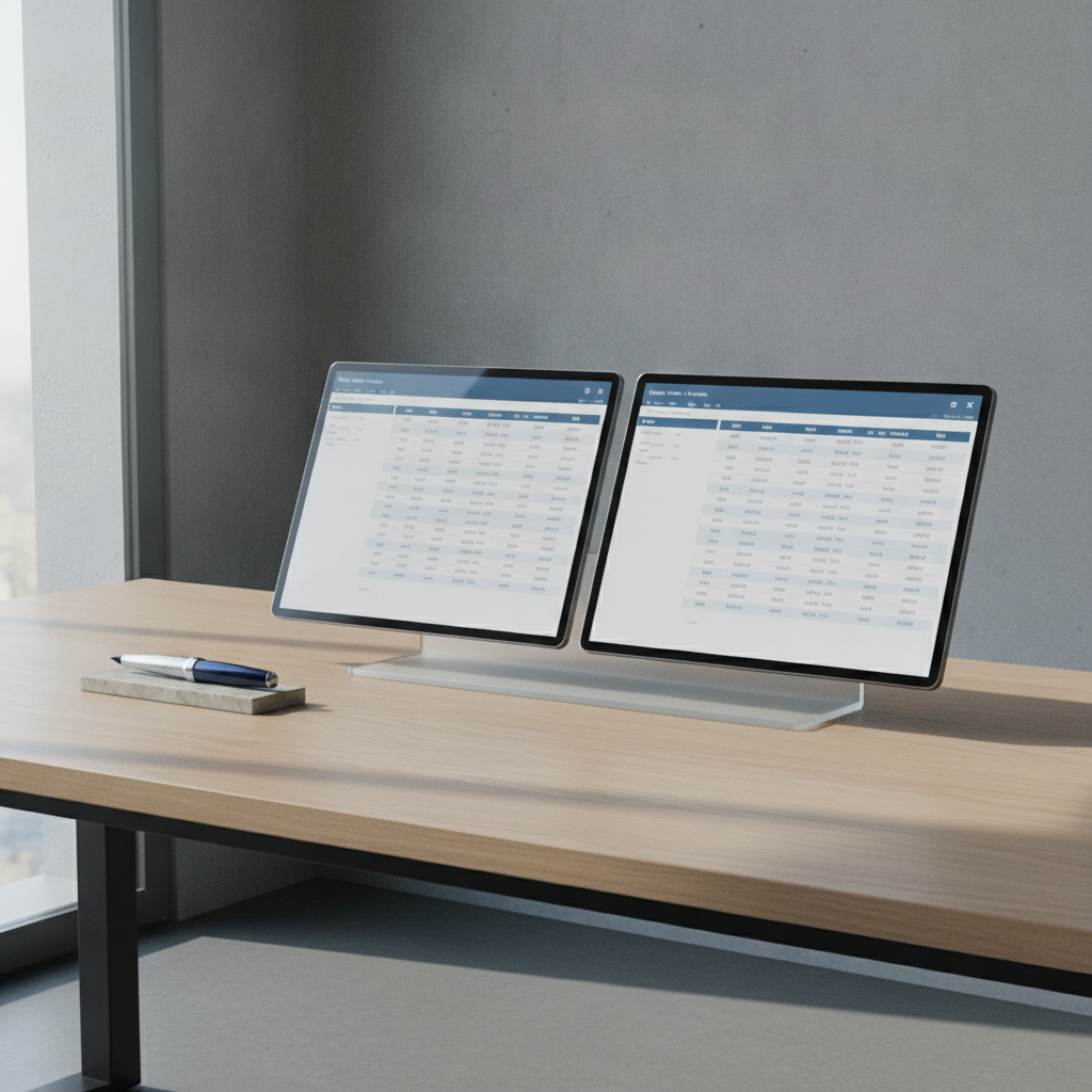 Two digital tablets side by side displaying structured document extraction and verification checklists on an office desk.