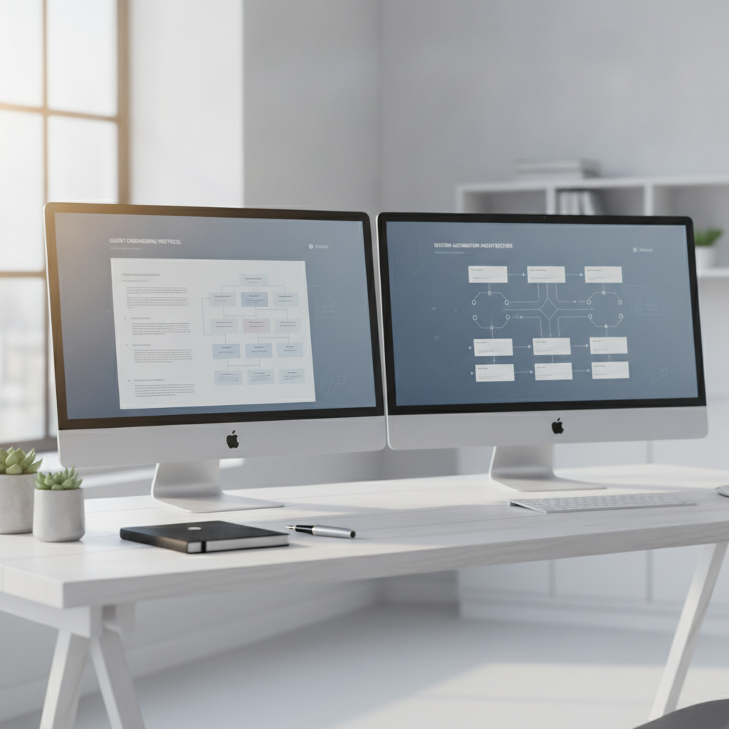 A professional modern workstation displaying an automated client intake scoping workflow and requirement extraction template.