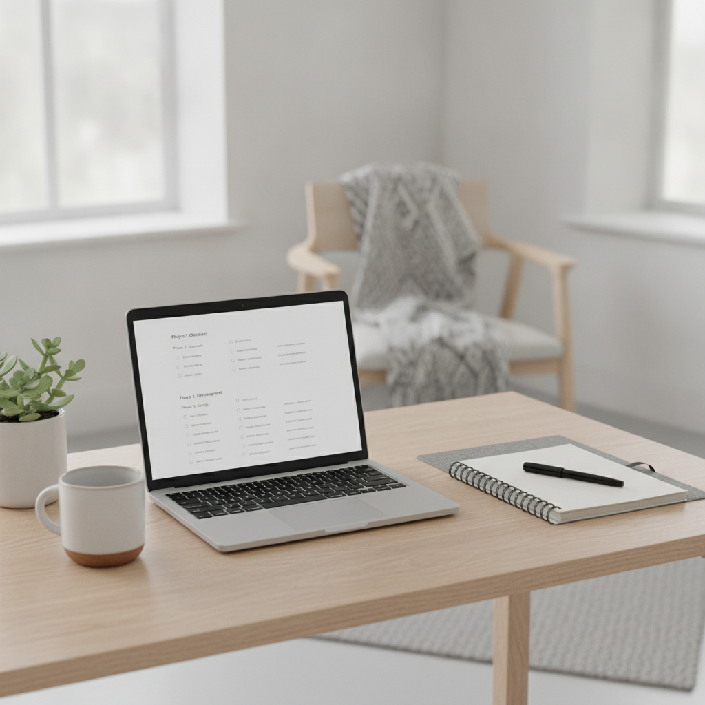 A tidy modern desk setup showing an open laptop displaying a structured offboarding checklist.