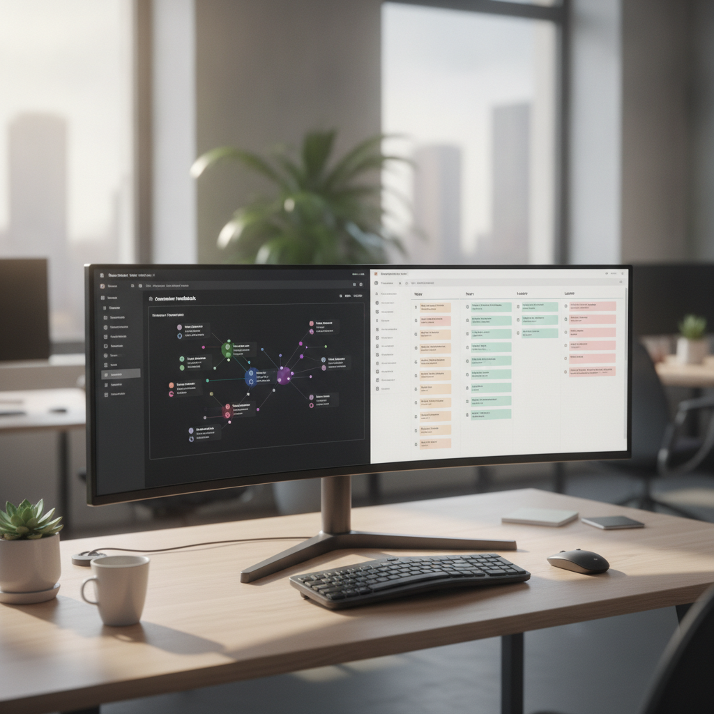 A product manager desk setup displaying an automated customer feedback triage dashboard and structured product roadmap.