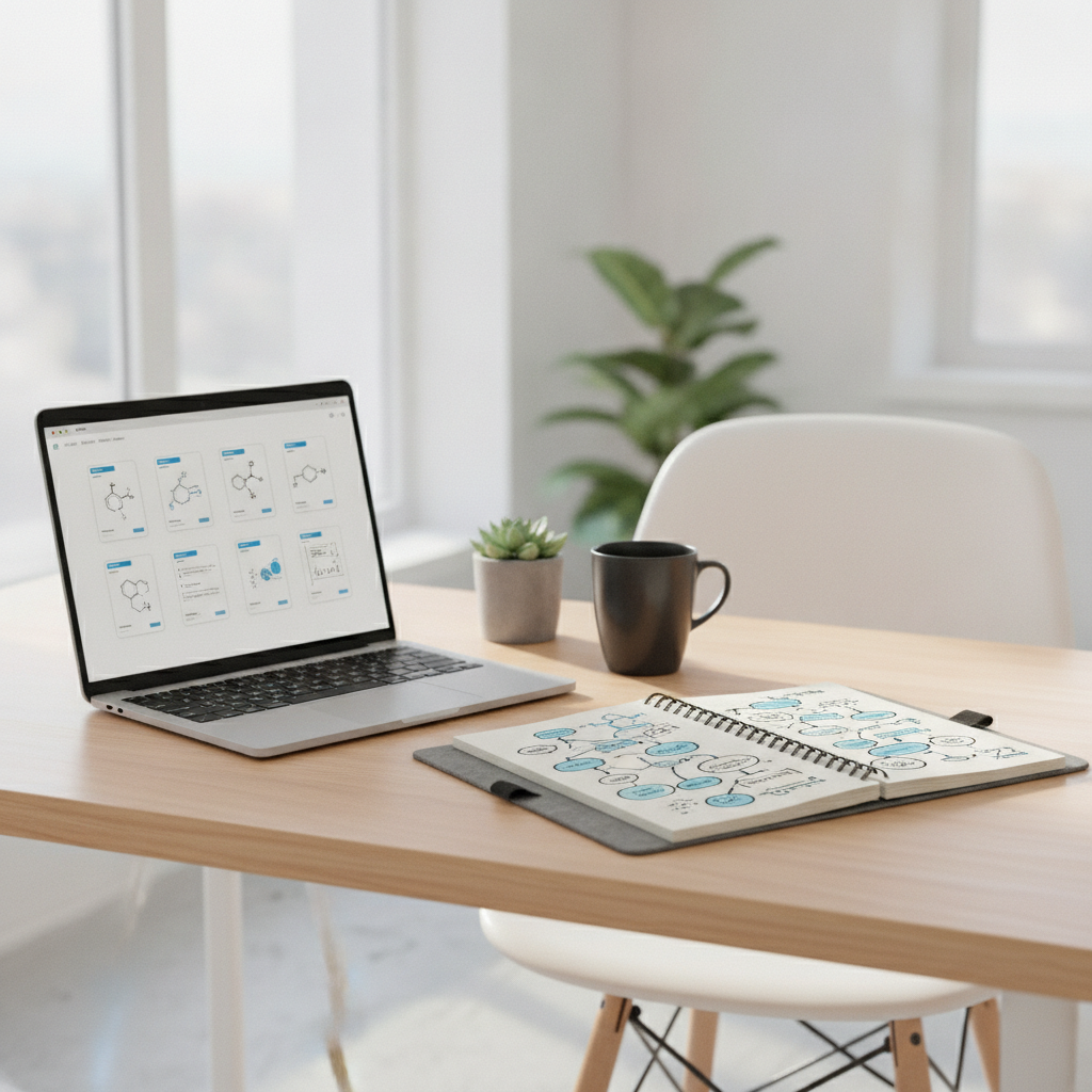 Study workspace featuring a laptop displaying flashcard software and handwritten conceptual diagrams