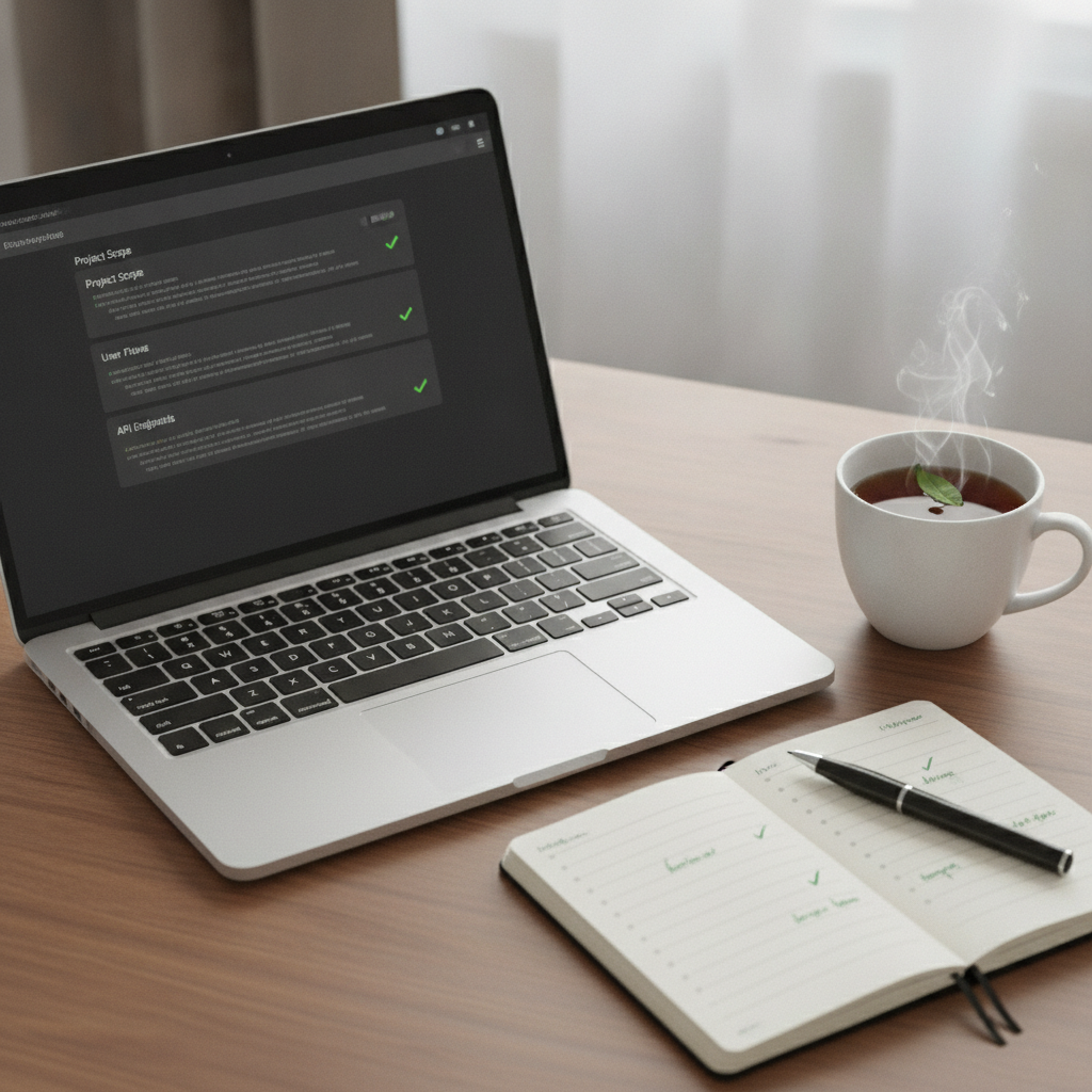 Top-down photograph of an organised workspace with a laptop showing structured project documentation alongside a notebook and coffee.