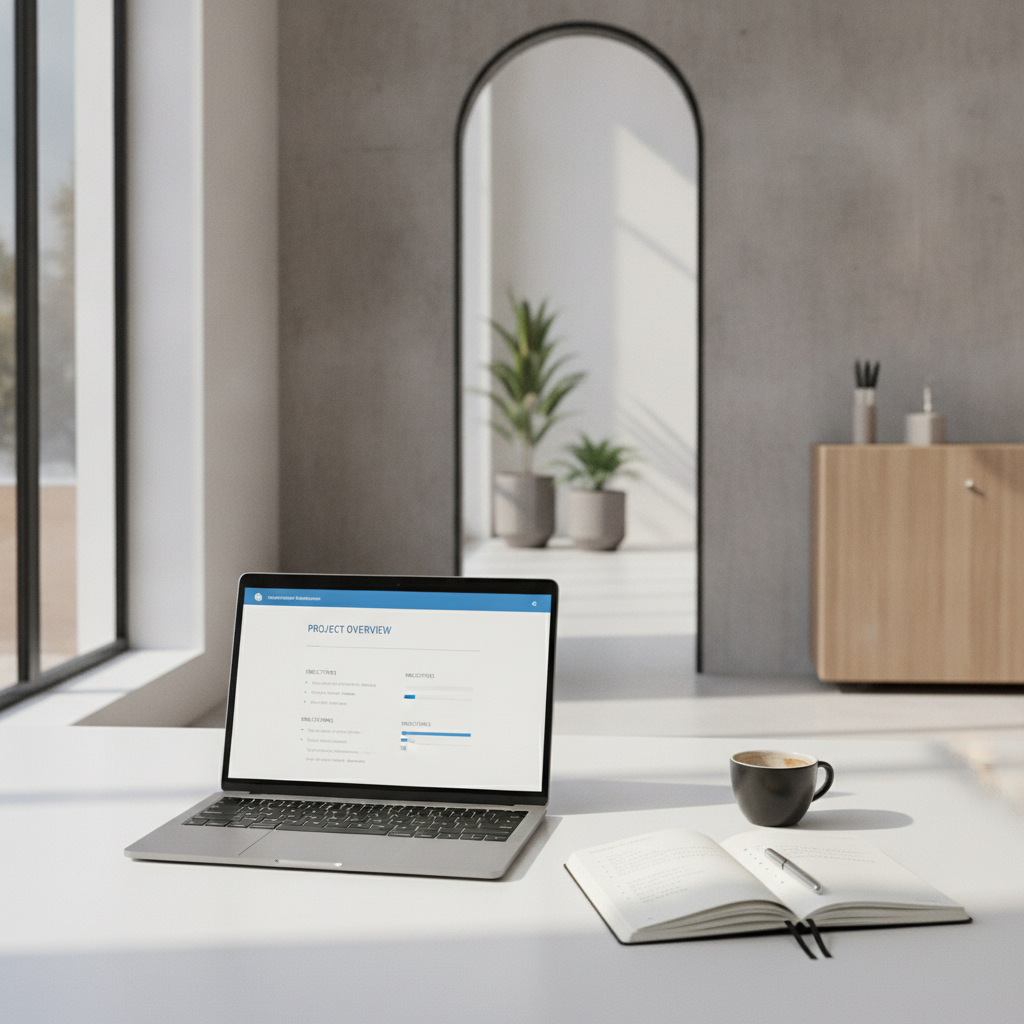 A tidy desk featuring a laptop showing a concise meeting briefing sheet and a notebook.