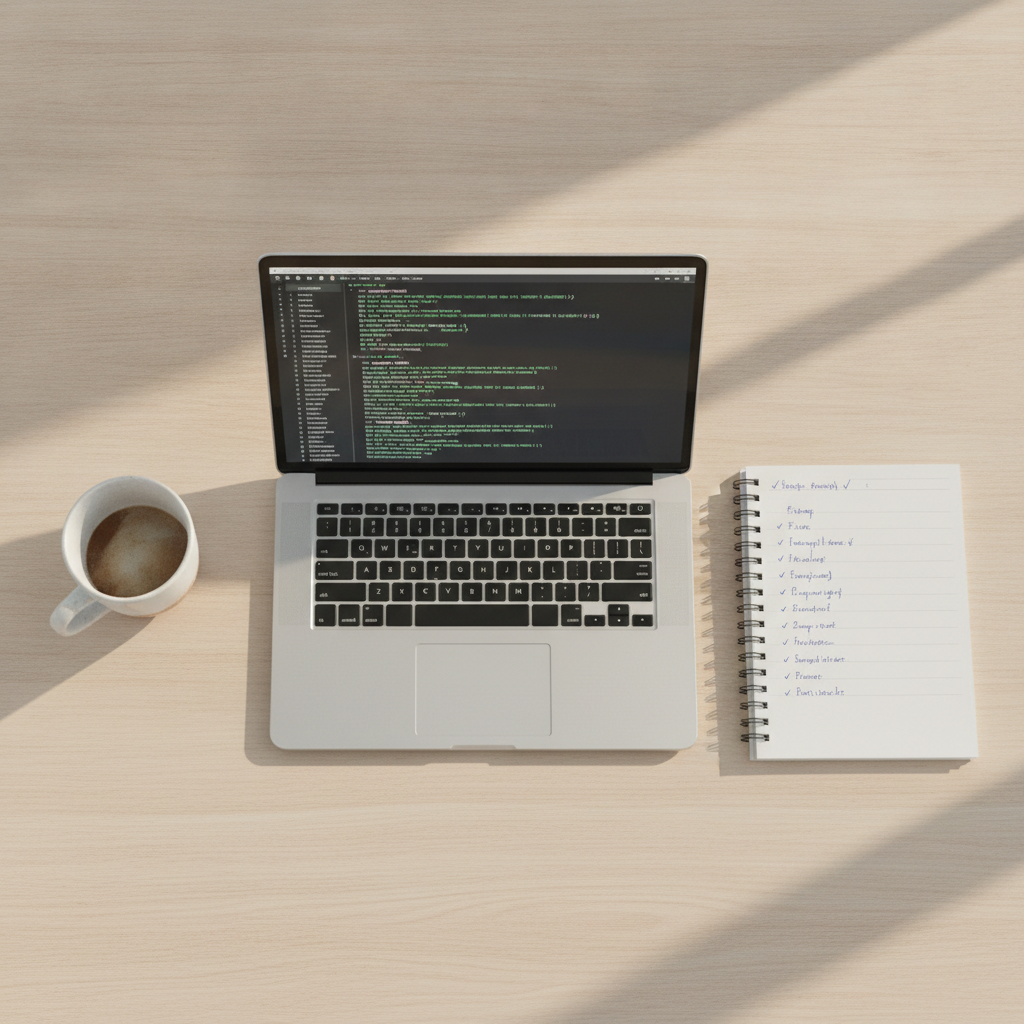 A clean desk setup with a laptop displaying a structured AI status reporting template and a notebook.