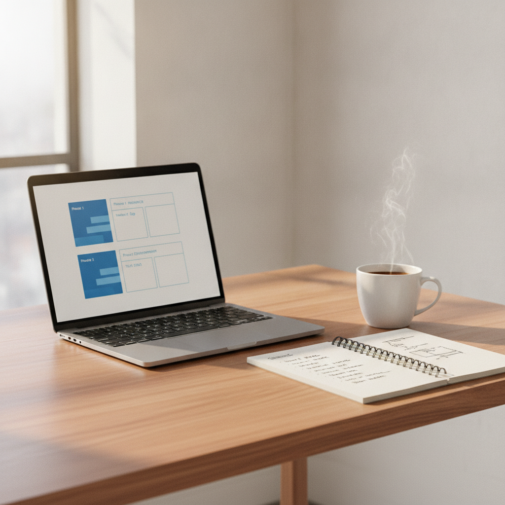 A neat desk setup showing a structured proposal workflow document on a laptop screen alongside client discovery notes.