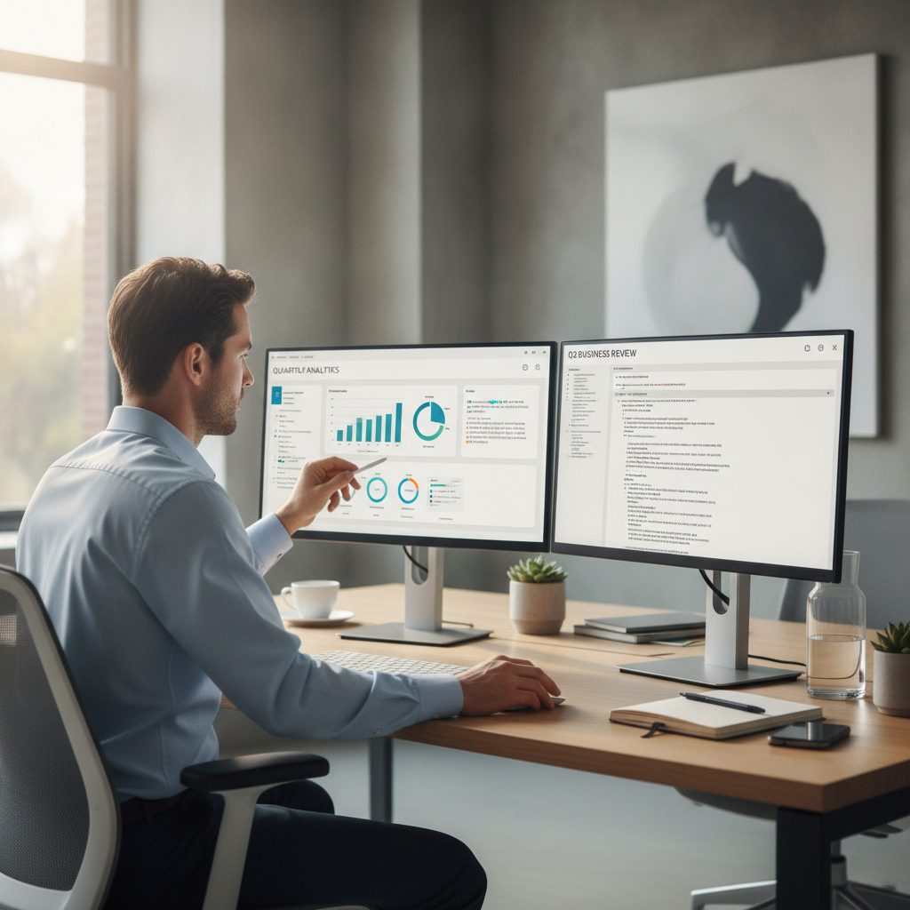 Professional account manager reviewing structured client performance analytics and quarterly business review documents on office monitors.