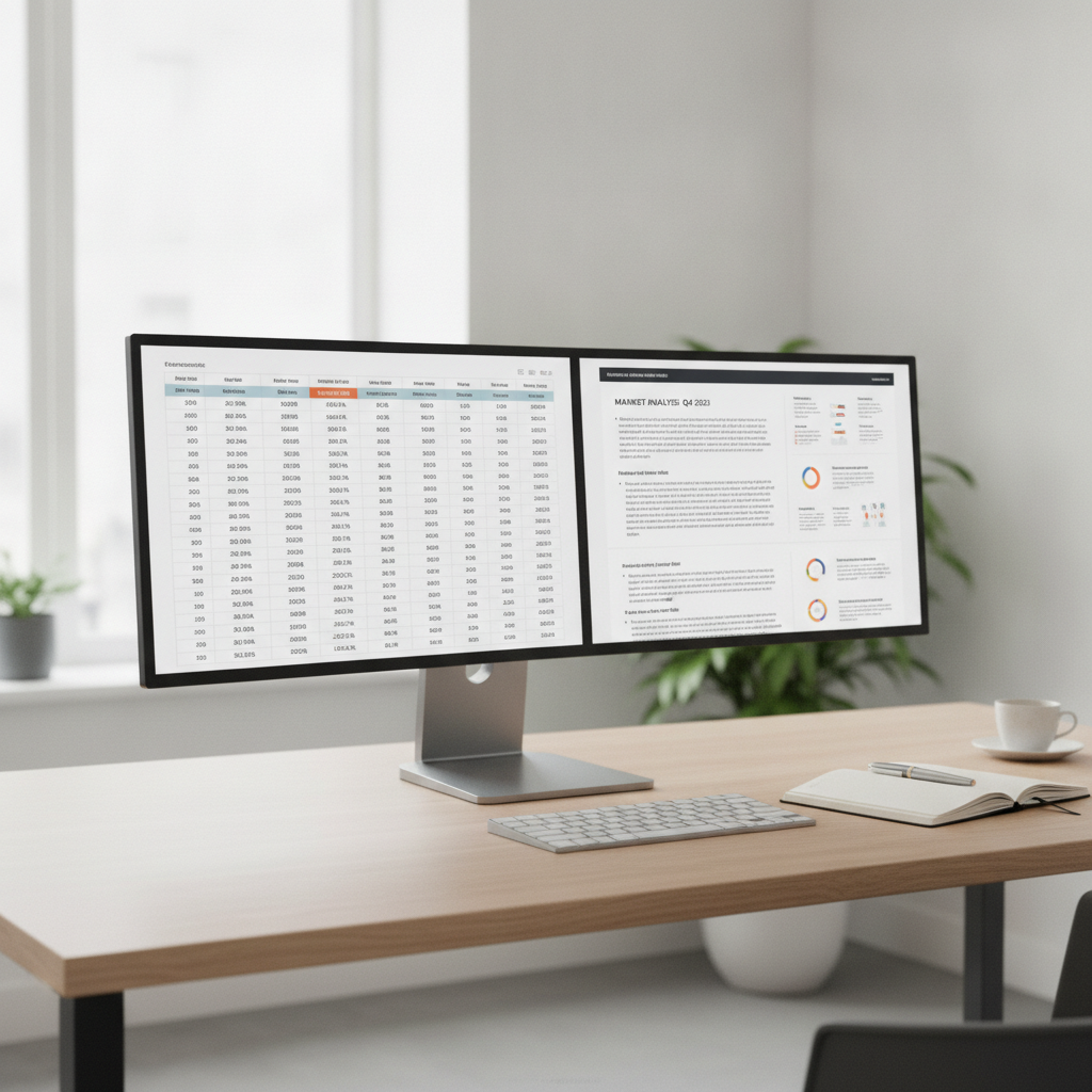 A split-screen monitor showing structured research data and a finished analytical brief on a minimalist modern desk.