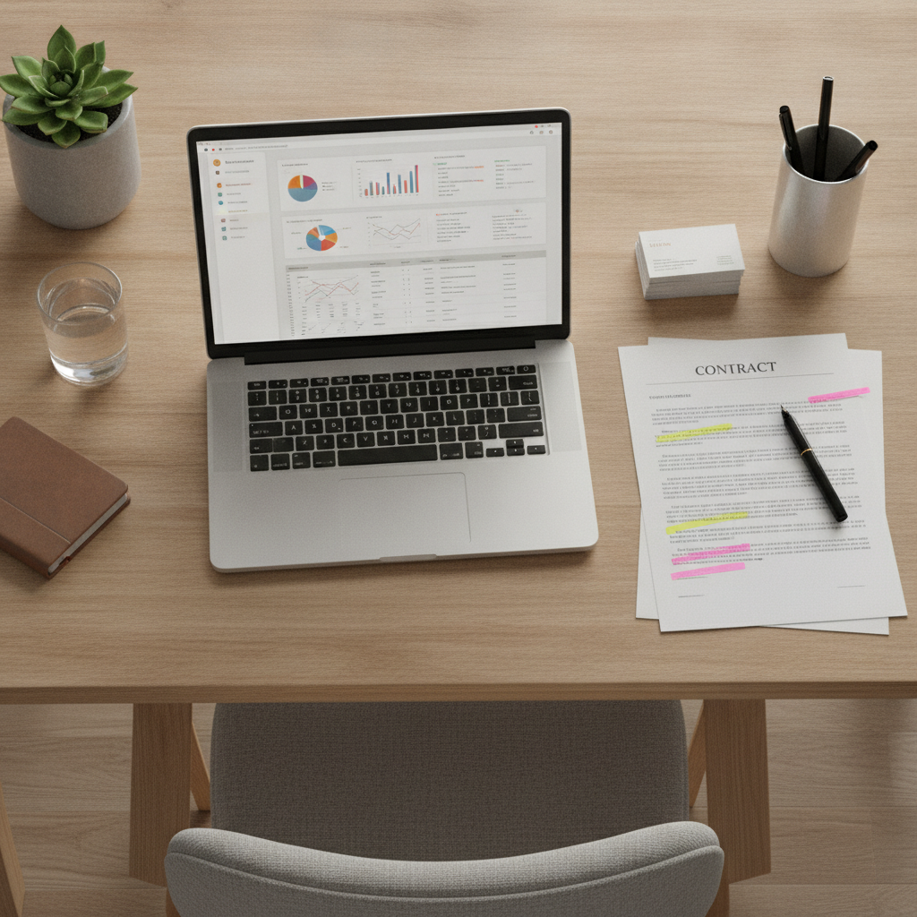 Overhead view of a desk featuring a laptop with project management analytics, a pen, and a printed project statement of work with highlighted clauses.