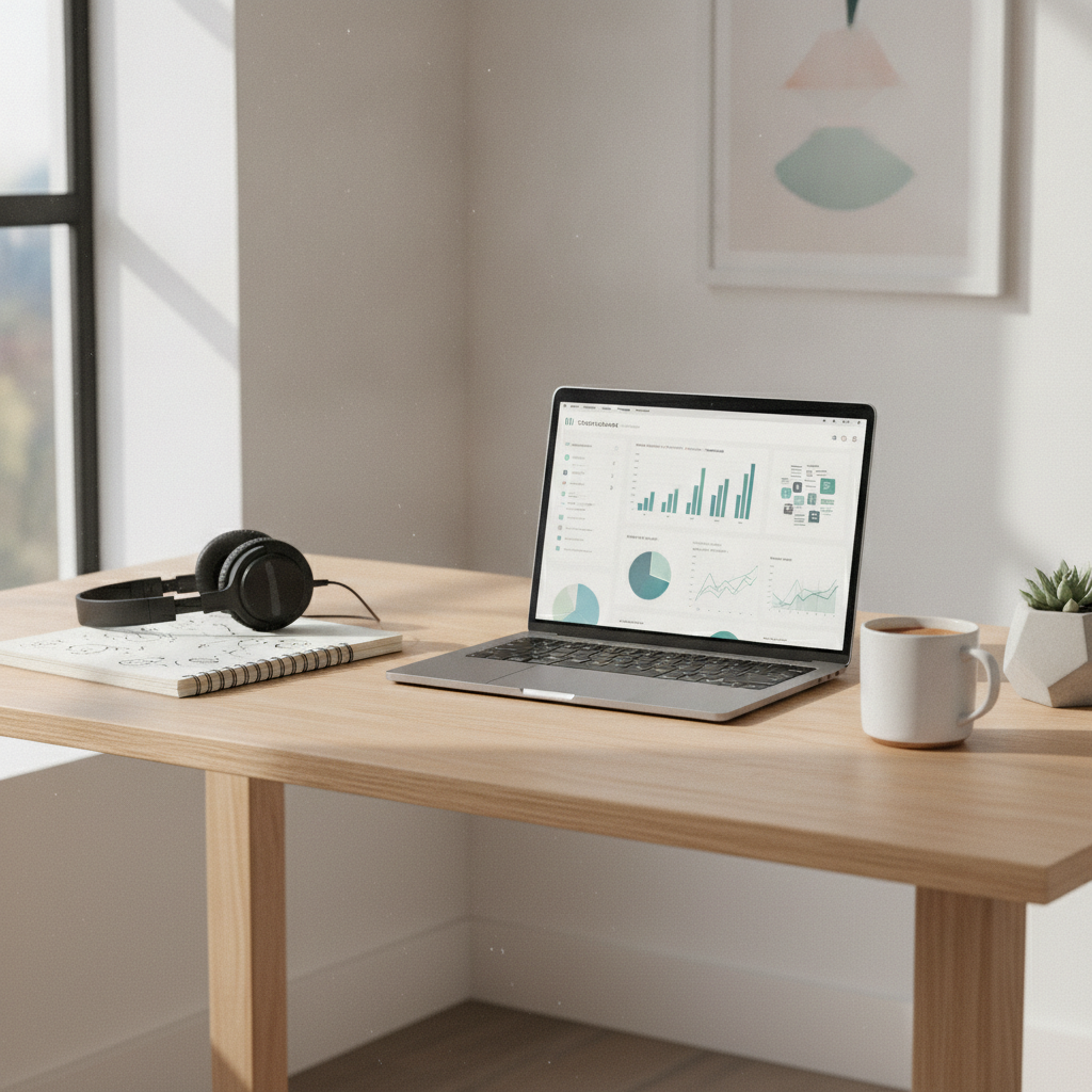 A product researcher desk with laptop, headphones, and structured interview notes showing qualitative synthesis.