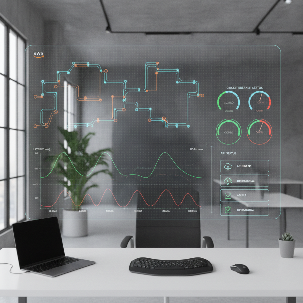 A software architecture dashboard demonstrating LLM API failover routing and latency metrics across multiple cloud providers.