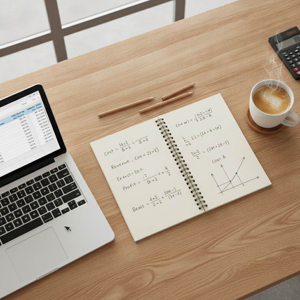 Top-down desk view showing a notebook with financial calculations beside a laptop displaying a spreadsheet.
