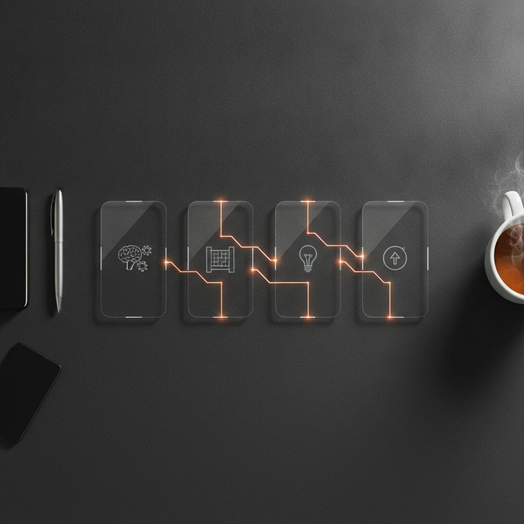 A conceptual photograph representing multi-step prompt chaining with four connected glass stages on a clean dark desk.