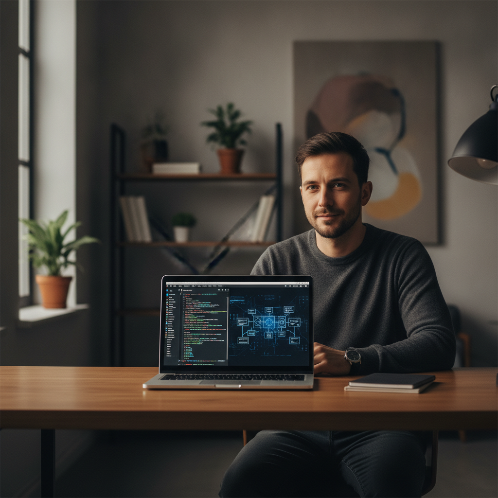 A software engineer working through a technical system design problem on a laptop with architecture diagrams and terminal windows open.