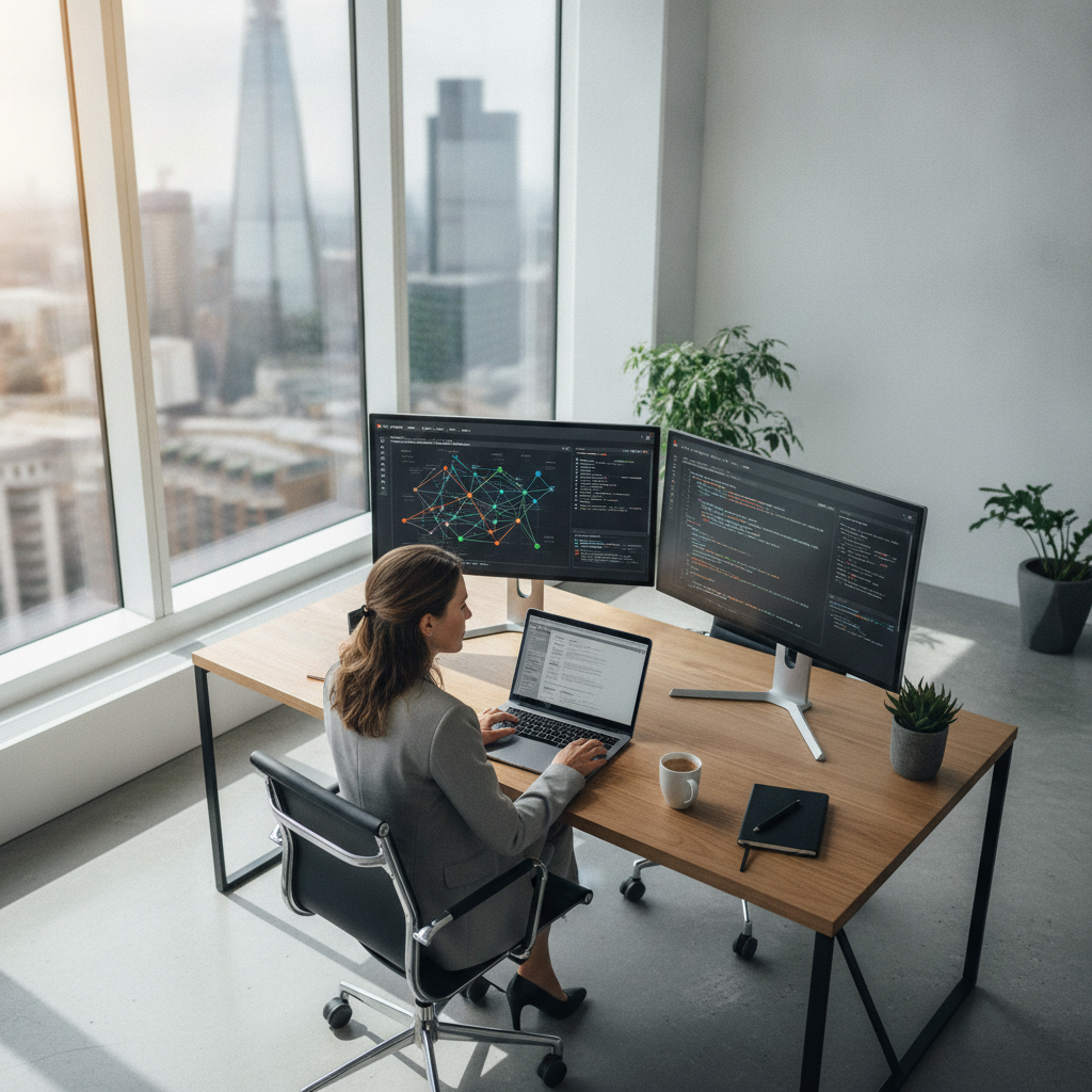Digital marketing professional analyzing entity data and AI search engine brand citations on dual monitors.