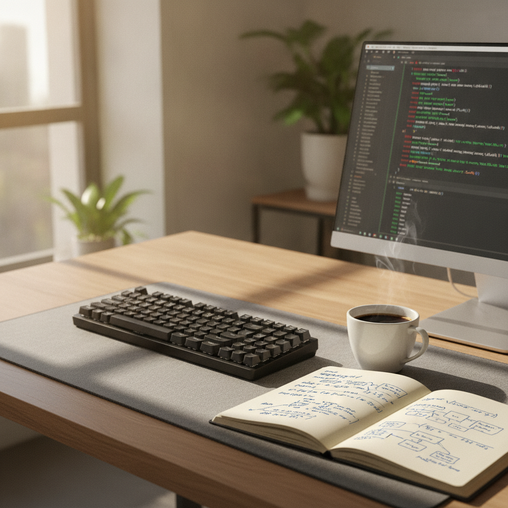 A quiet desk workspace setup for deliberate practice with a notebook, pen, and monitor showing feedback.