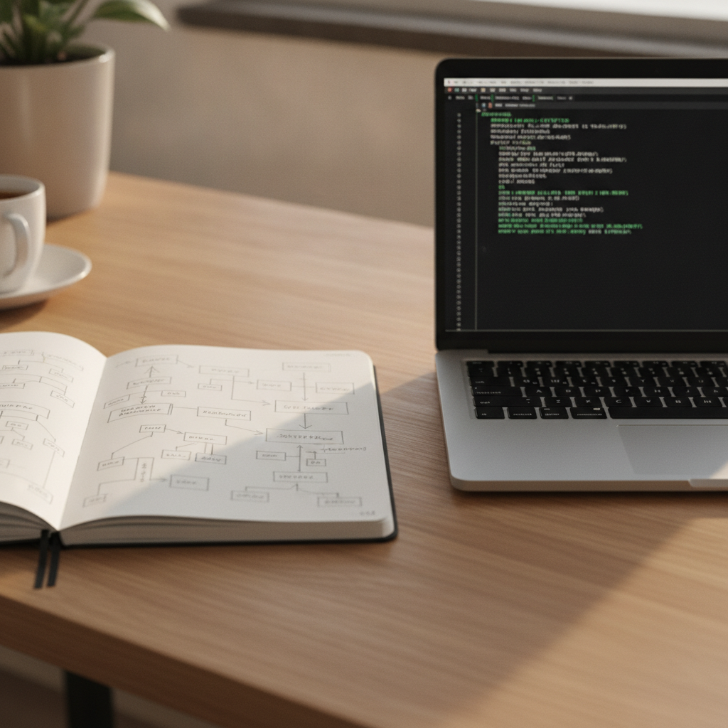 A tidy desk featuring a laptop displaying code diagnostics next to an open notebook containing hand-drawn knowledge dependency trees.