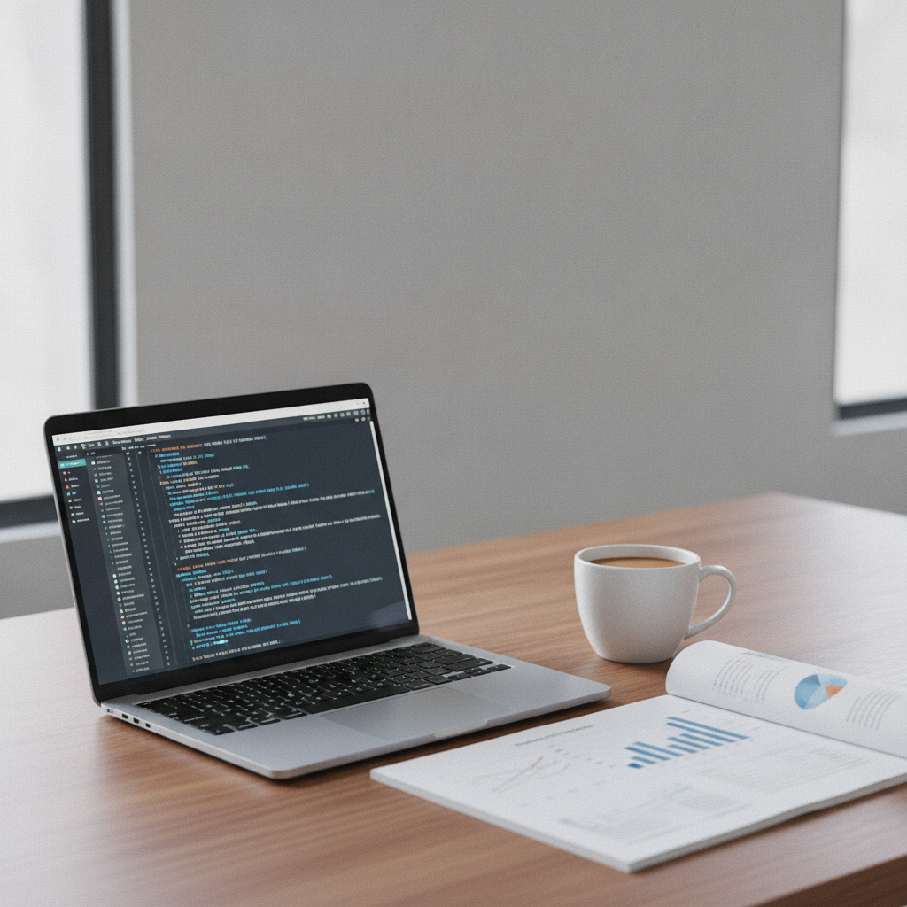 A workstation with a laptop displaying structured product data, analytical reports, and a notebook used for planning AI search visibility.