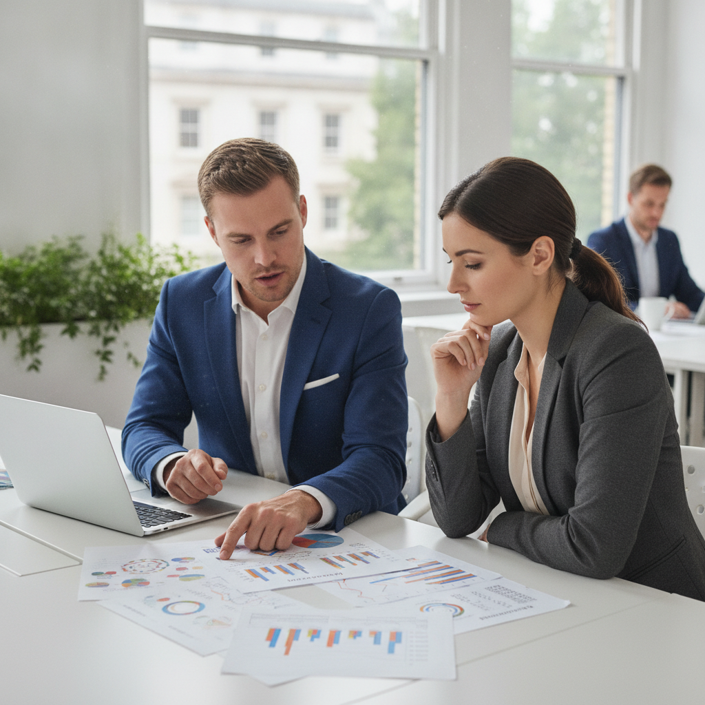 An employee reviewing workflow metrics with their manager to discuss realistic AI productivity targets.