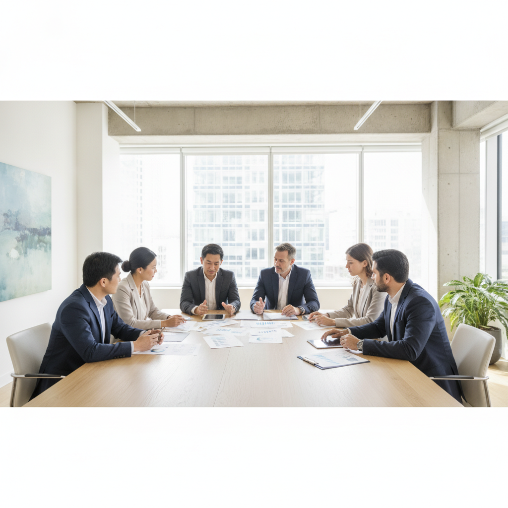 A team of diverse professionals seated around a conference table discussing workplace strategies and reviewing documents