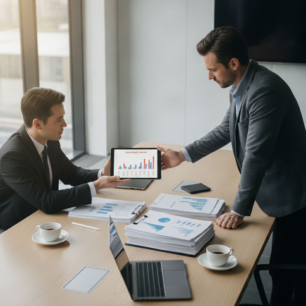 A professional discussing an operational audit trail and quality review checklist with a manager in a modern office.