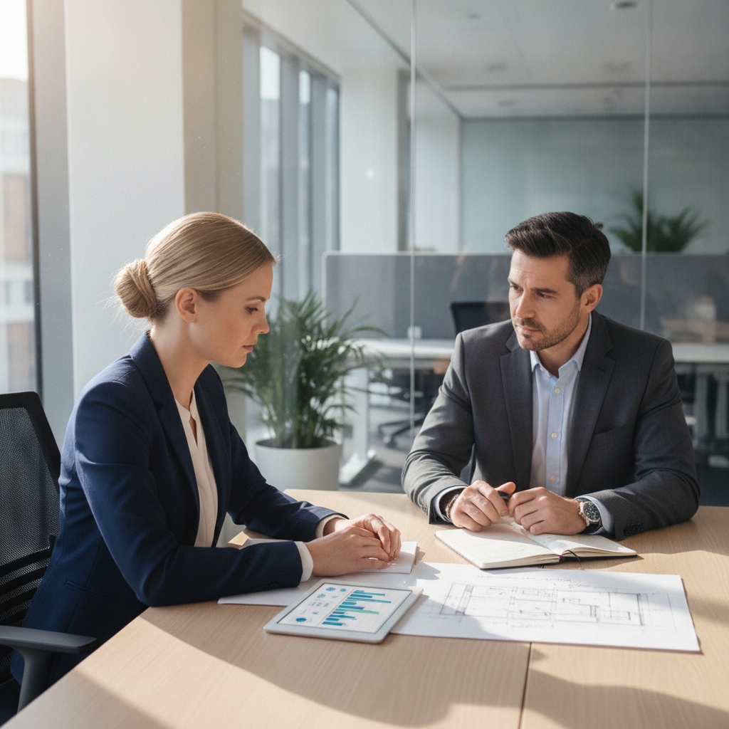 A professional discussing performance review metrics and work quality during an appraisal meeting.