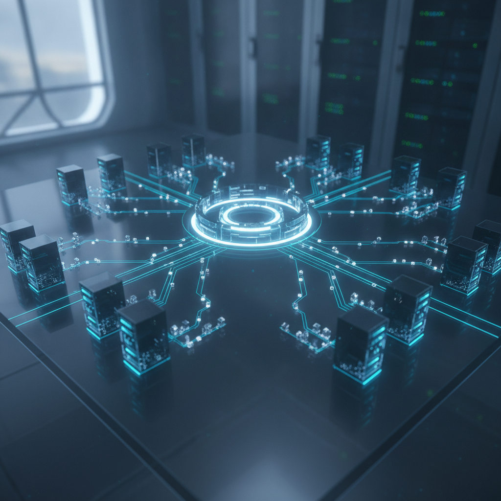 Technical representation of distributed computing workers coordinating data traffic through a central rate-limiting hub.