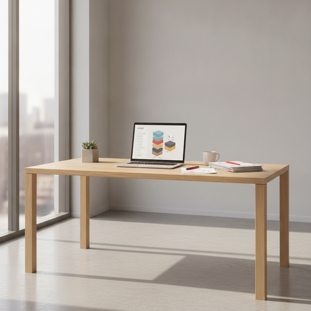 Professional editorial desk with a laptop showing a content workflow and neatly stacked review documents.
