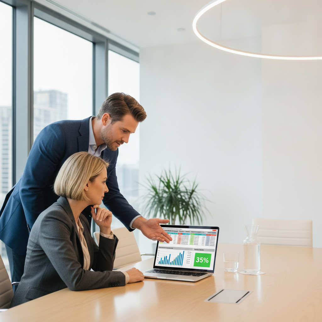 An engineering manager and a sales executive reviewing contract margins and technical feasibility in a meeting room.