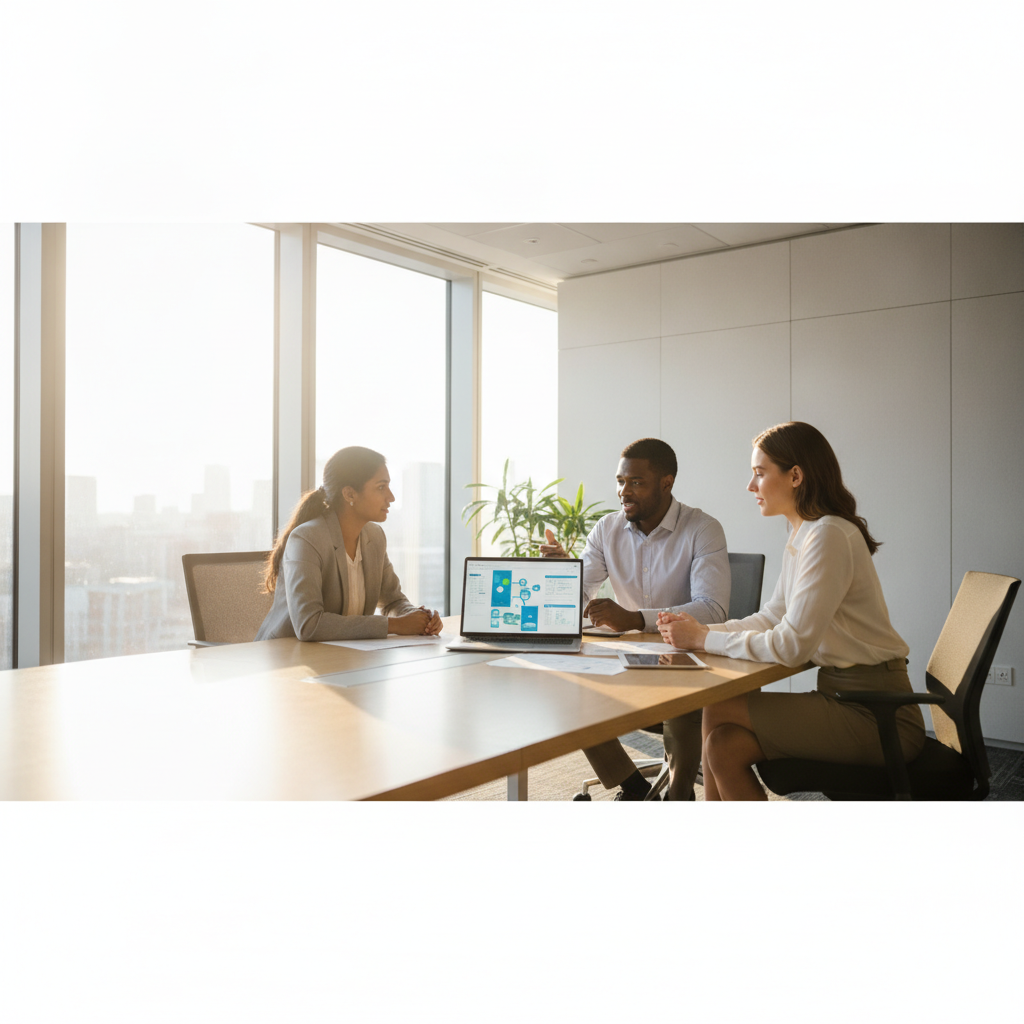 A small team of professionals in an office reviewing software workflows and discussing enterprise digital tools on a laptop.
