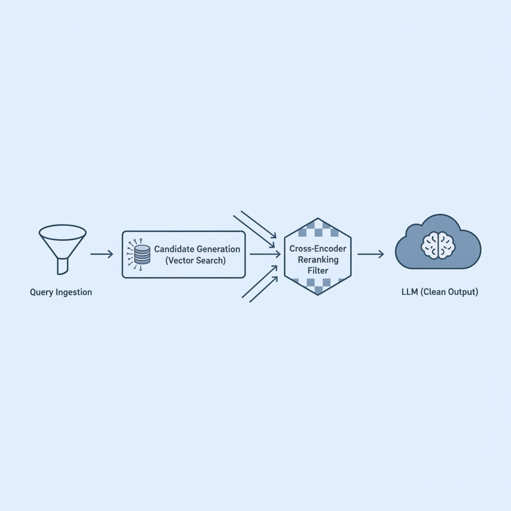 Diagram illustrating a two-stage retrieval augmented generation pipeline with cross-encoder reranking