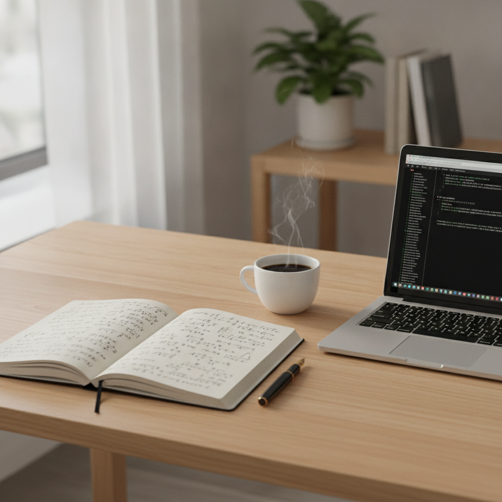 A tidy study desk with handwritten mathematical calculations in an open notepad beside a laptop used for analytical study.