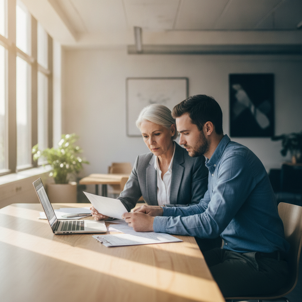 A manager mentoring a junior employee at an office desk while reviewing a document together.