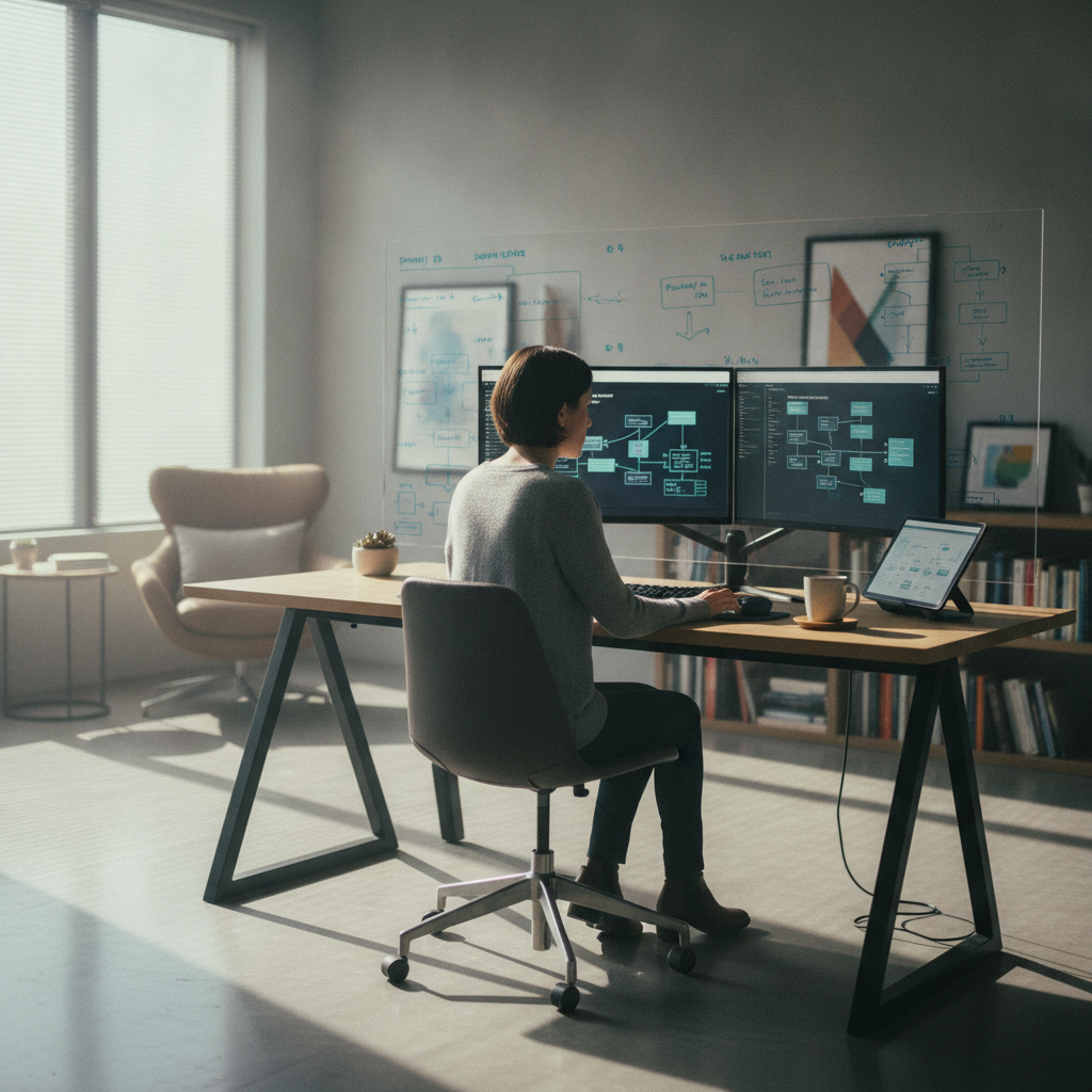 Professional working calmly at an office desk with dual monitors during a software outage