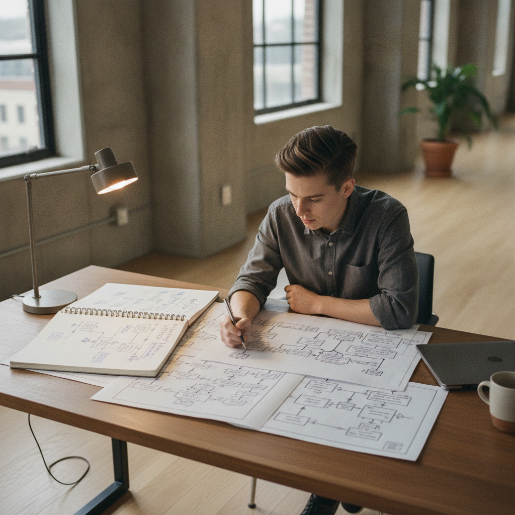 A structured desk setup featuring technical framework diagrams, a notebook mapping component dependencies, and focused studying equipment.
