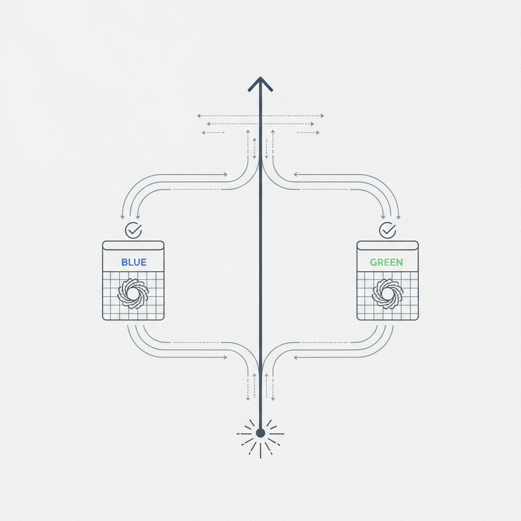 Technical architecture diagram illustrating zero-downtime vector embedding migration using dual writes and blue-green database collections.
