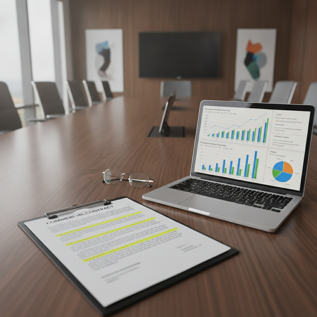 A business contract on an office desk with highlighted clauses next to an open laptop showing software usage data