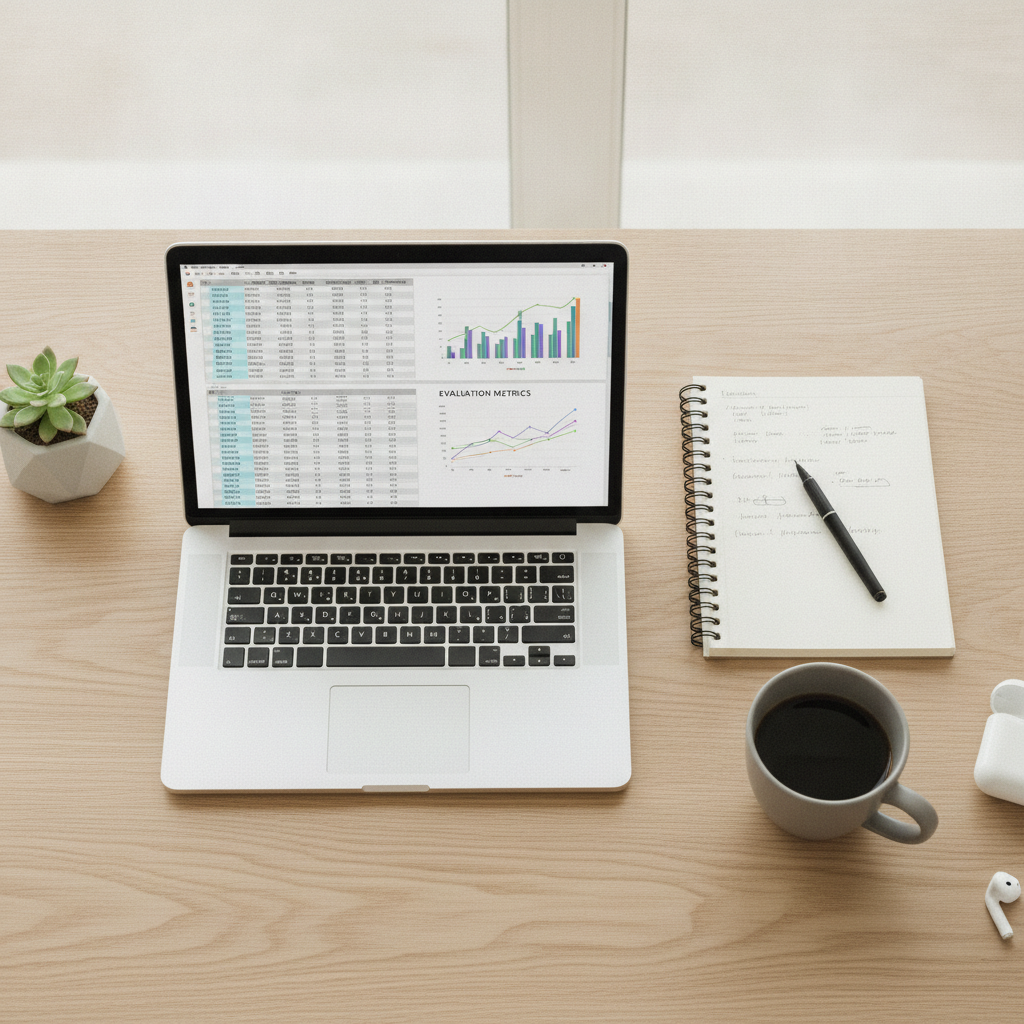 A professional workspace showing a laptop screen with analytical comparison tables alongside a notebook and pen.