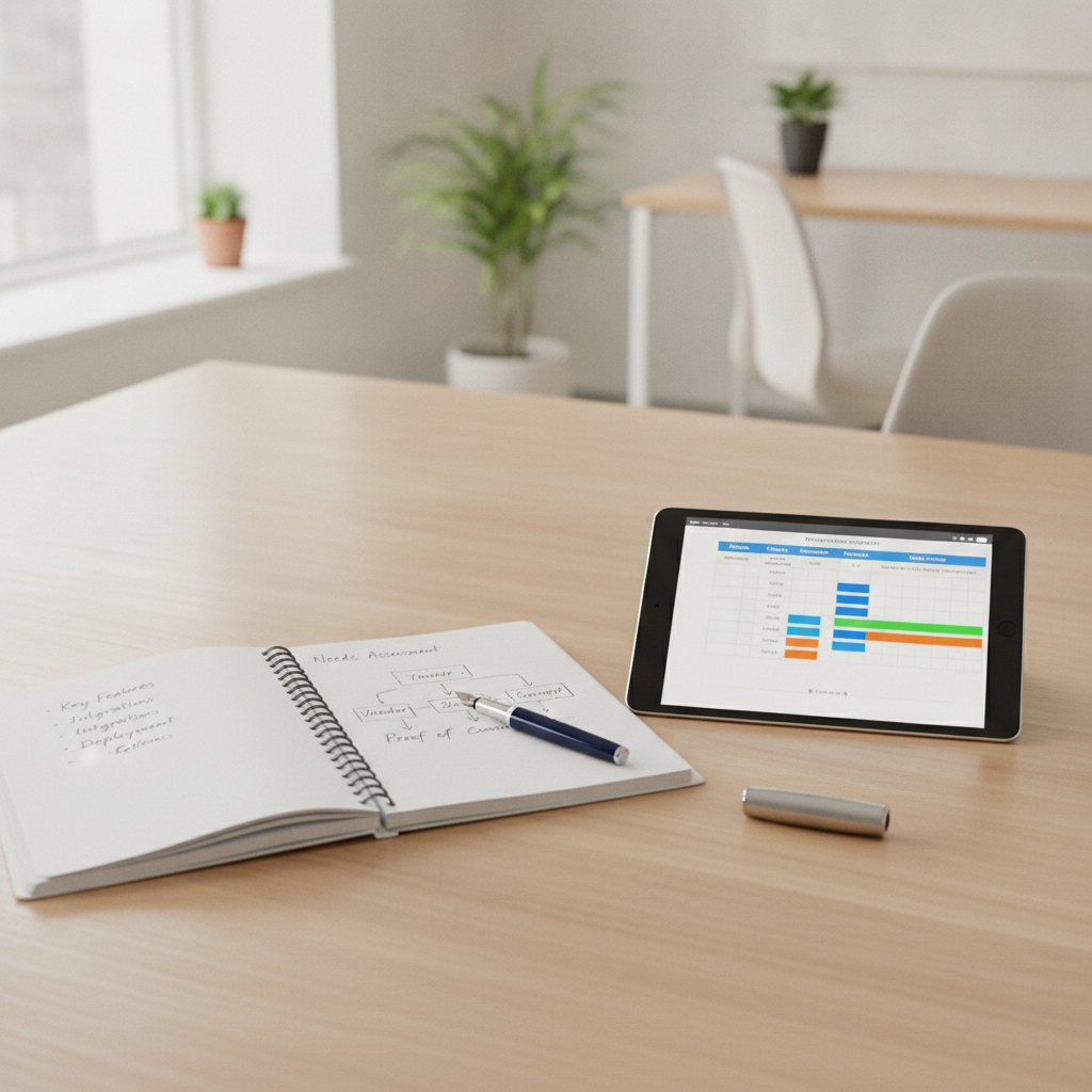 A structured software buyer guide and tablet showing comparison matrices on an office workspace.
