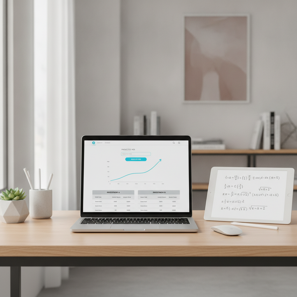 A laptop on a desk showing an interactive web calculator alongside structured explanatory data and formulas.