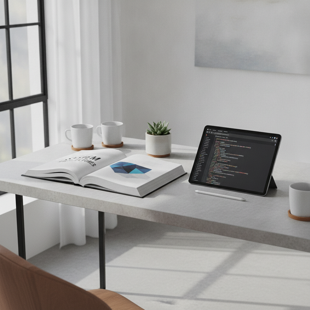 A minimalist desk with an open technical reference manual and a digital tablet showing structured markup data.