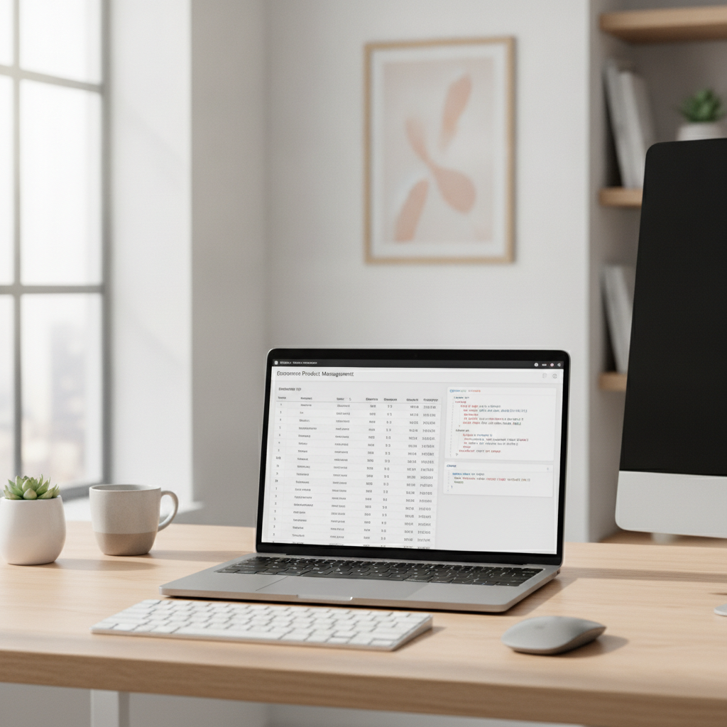 A laptop screen displaying an optimised ecommerce product specifications dashboard with structured data.