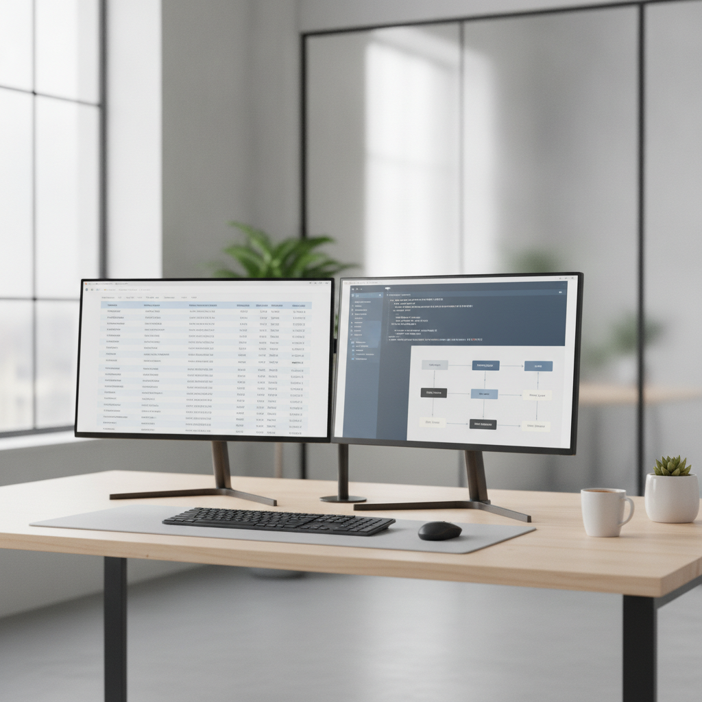 Technical data specifications and software integration architecture displayed on dual desktop monitors.