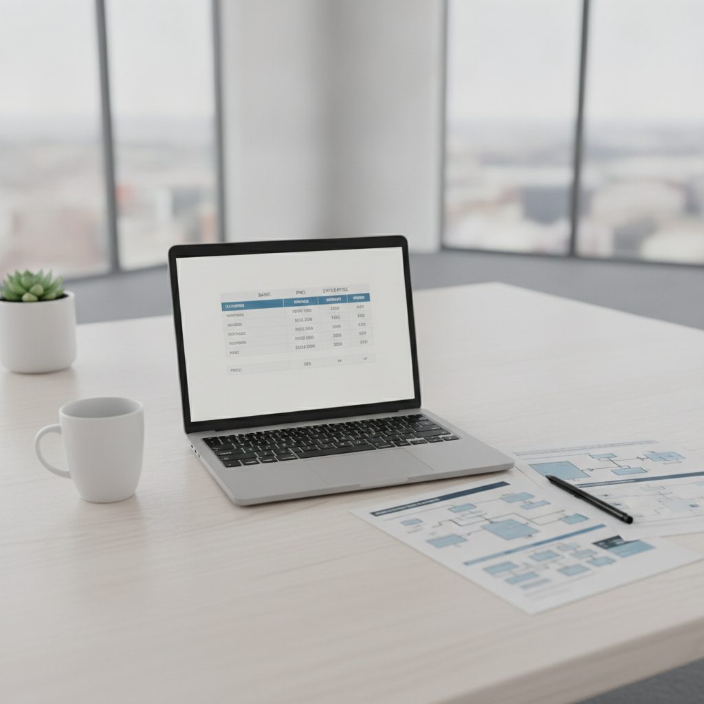 A modern laptop displaying software pricing comparison tables next to structured markup notes on an office desk.