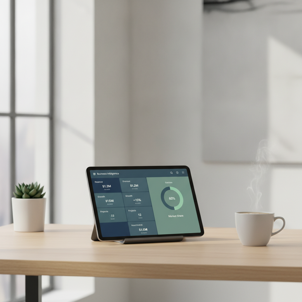 An organised desk setup featuring a digital tablet displaying a clean weekly competitive intelligence briefing