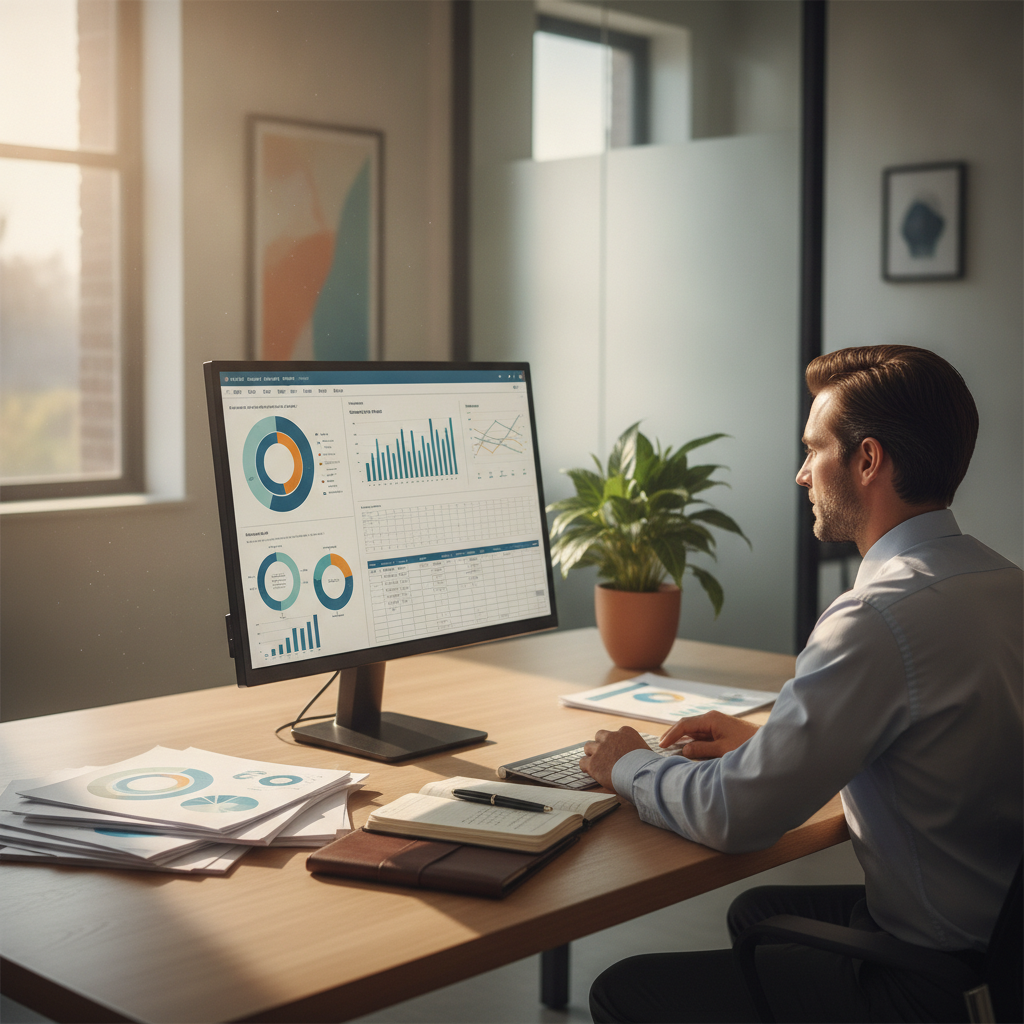 Business intelligence executive reviewing a structured customer sentiment and review analysis report on an office monitor.