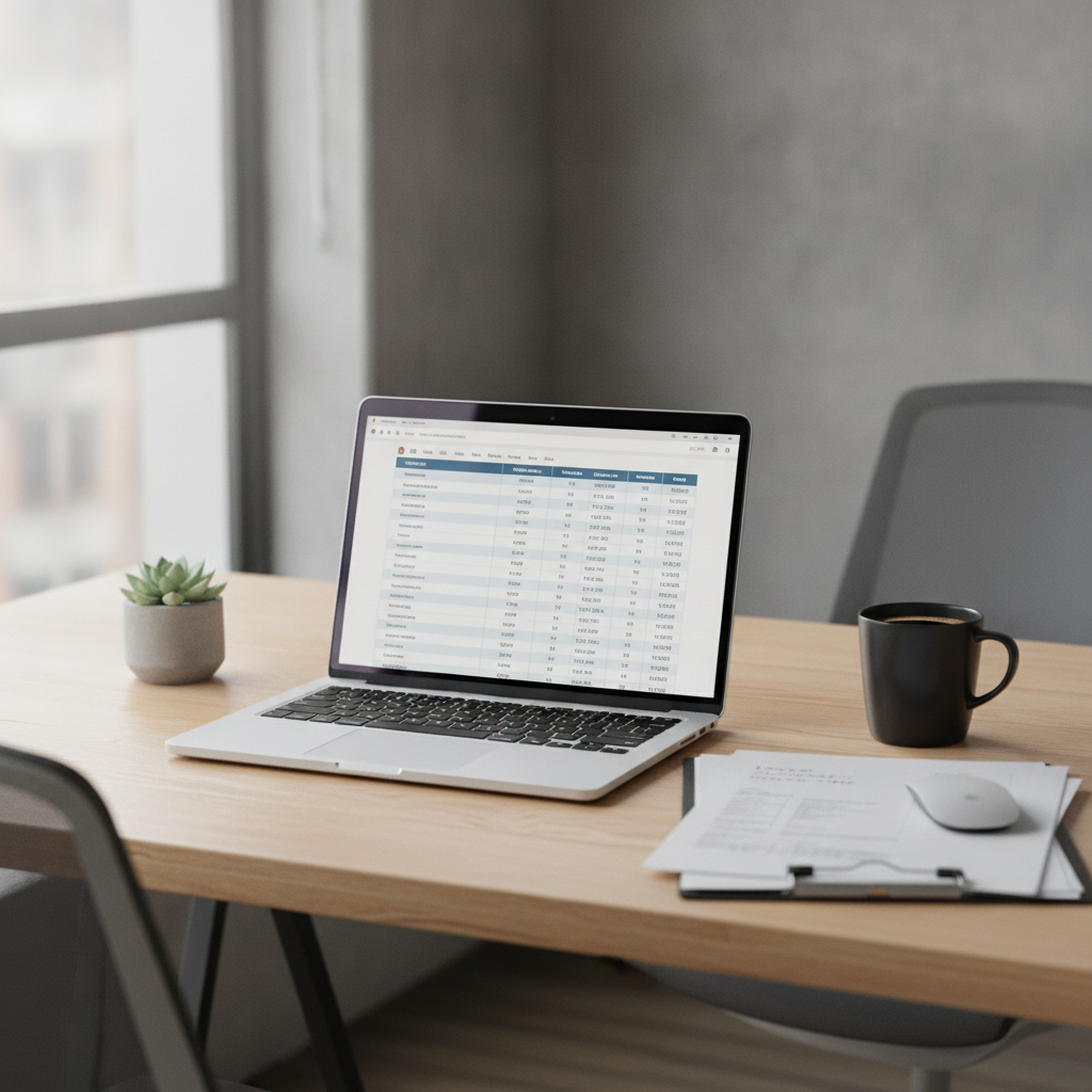 Laptop on an office desk displaying structured digital data extracted from business documents.